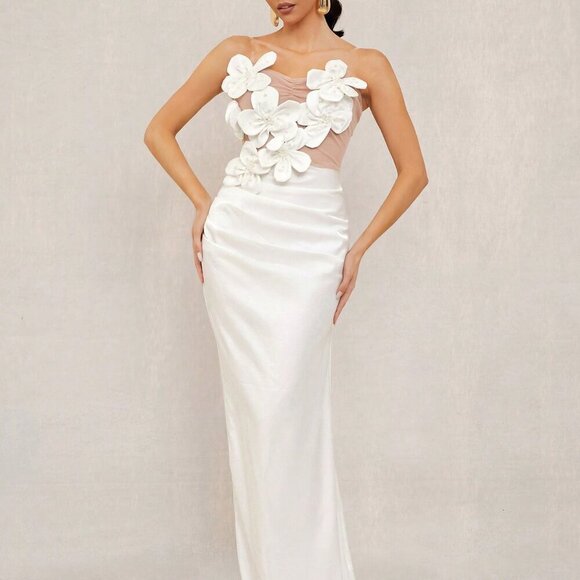 White Party Women's Flower Decor Strapless Mermaid Dress - Picture 1 of 7